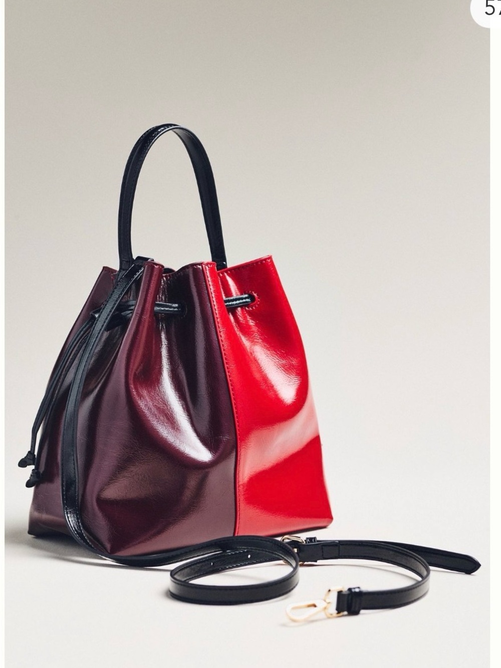 Anthropologie Classic Two-Tone Cinched Red and Burgundy Leather Tote Bucket Bag